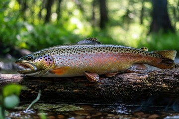 Obraz premium Cooking trout over an open flame in a summer woodland