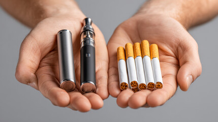 Person holding a modern electronic vaping device in one hand and several traditional cigarettes in the other symbolizing smoking choices and health considerations