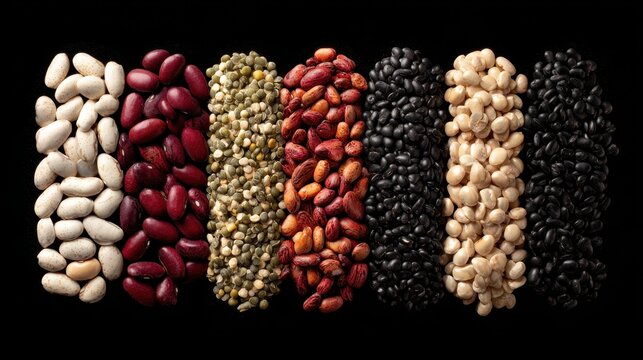 Different bean varieties set against a black backdrop