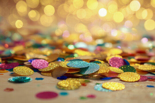 Colorful glitter confetti scattered on a surface with sparkling golden bokeh lights in the background creating a festive and celebratory atmosphere