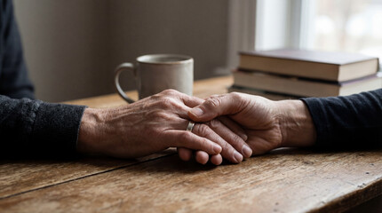 Two individuals sit at a wooden table in a cozy room. One person lovingly holds the hand of another, displaying care and comfort. Books and a cup sit nearby.