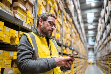 Employee messaging on phone in shipping facility