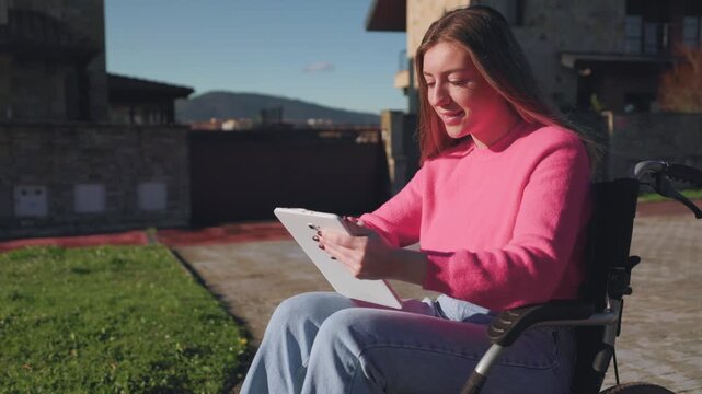 Beautiful young disabled woman with paralyzed legs in a wheelchair smiling while browsing on her tablet, enjoying a sunny day outdoors in the garden of her home and feeling positive