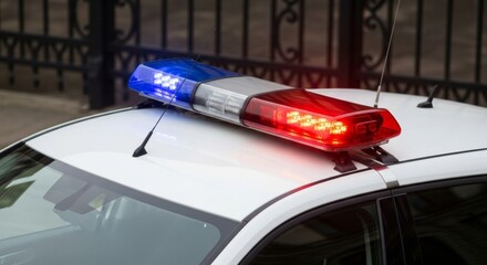 Police car emergency lights flashing on white patrol vehicle rooftop