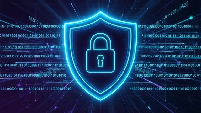 Digital Fortress: A glowing shield, illuminated by vibrant lines, encases a secure lock, symbolizing the protection of digital information and cyber security in the digital era.