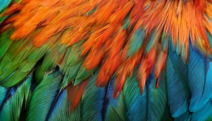 Fototapeta premium Close Up Vibrant Iridescent Green Blue And Orange Rooster Feathers Texture