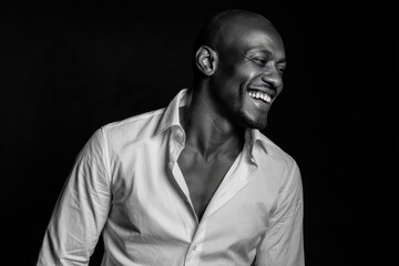 Happy individual in a white shirt against a dark backdrop