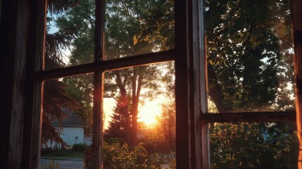 Image of trees and greenery at sunset through a window