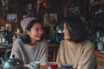 Fototapeta premium Joyful Asian female friend gathering in a warm home