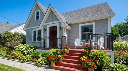 Fototapeta premium Charming Grey Cottage with Red Porch Stairs and White Outdoor Seating
