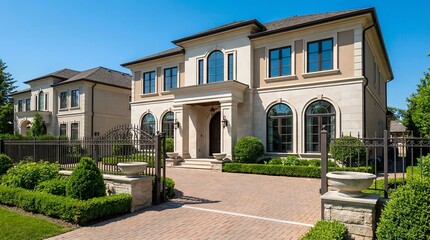 Obraz premium Modern Neo-Classical Luxury Home with White Stone Facade and Manicured Hedge Landscaping