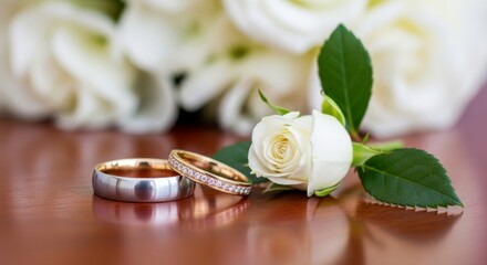 Elegant wedding rings with white rose and blurred floral background