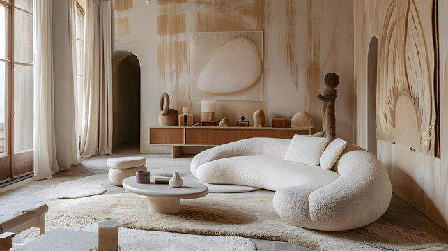 STWO style living space with statement sculptural sofa, tactile upholstery, low profile furniture, layered rugs, warm neutral tones, refined minimalism, luxury editorial interior photography