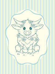 Colorful cute cow illustration with fun background, vector art