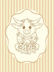 Colorful cute Easter cow illustration with fun background and easter eggs, vector art