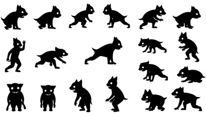Black Silhouettes of monster, animal, cartoon, silhouette, black, character, creature, vector
