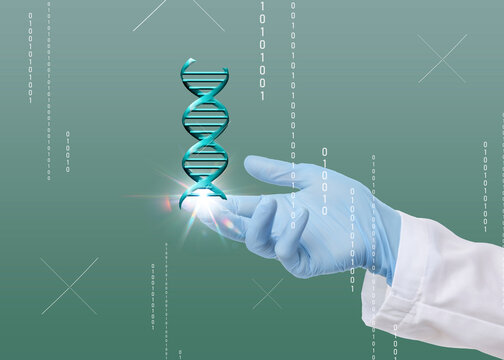 Virtual DNA double helix in doctor's hand on green gradient background, closeup - Powered by Adobe