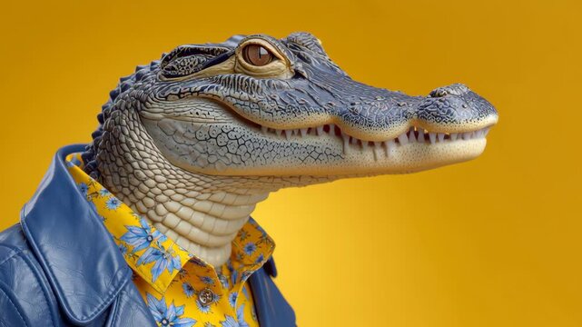 Alligator character wearing stylish blue leather jacket and vibrant floral shirt poses confidently against a bright yellow background showcasing unique fashion sense and playful personality in a whims