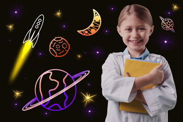 Fototapeta premium Cute little girl with books against space with rocket and celestial bodies. Studying science