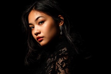 Fototapeta premium Photograph of a young attractive Asian woman in front of a dark backdrop