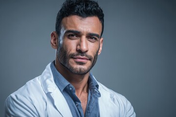 Obraz premium Portrait of a attractive Persian male doctor on a gray backdrop