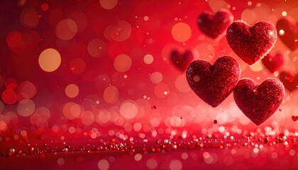 Glittery red hearts on a bokeh background