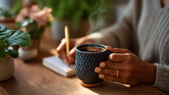 Journaling session with steaming morning coffee in cozy comfortable setting for self-care routine, mindfulness practice, reflective writing, personal wellness ritual, gratitude jou