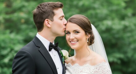 Groom tenderly kisses bride's forehead at outdoor wedding