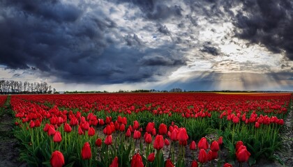 Fototapeta premium Red Tulips In A Field Under Cloudy Sky