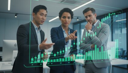 Business team analyzing financial growth on futuristic holographic display in modern office