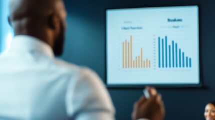 Business meeting blurred view of man presenting bar graphs on a screen. Business analysis, presentation, collaboration