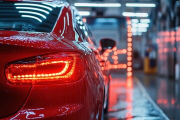 The ceramic coating is dried by red lamps located at the rear of the car