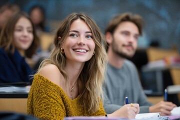 University students in a classroom smiling with notebooks
