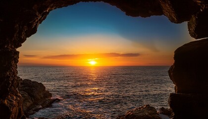 Sunset Over The Ocean Framed By A Rocky Archway