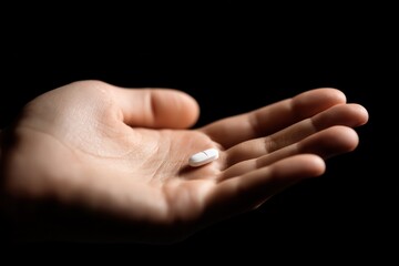 White medication held against a dark backdrop