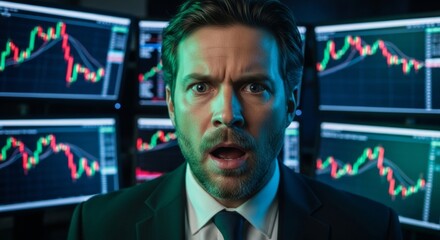 Stressed stock trader reacting to market downturn on multiple screens