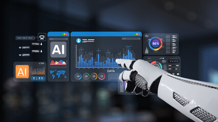 A robotic hand interacts with an advanced data visualization display, showcasing AI analytics and statistics within a sleek modern office space. Synapse