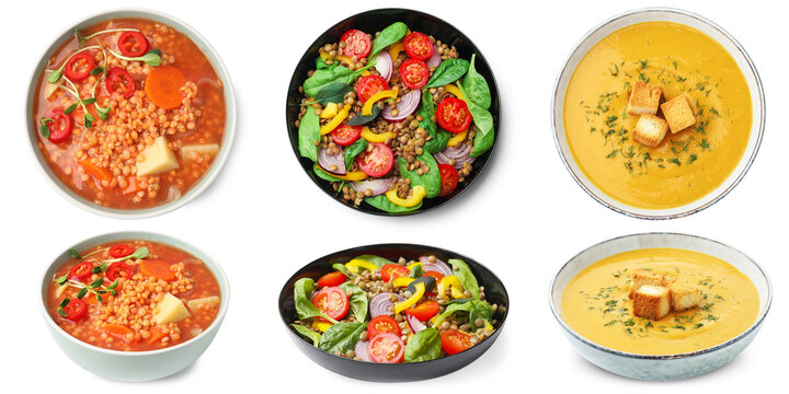 Set of lentil dishes isolated on white