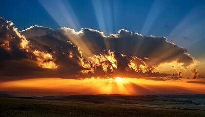 Fiery Sunset Rays Pierce Clouds
