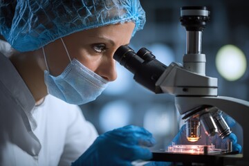 Woman chemist examines sample using lab microscope