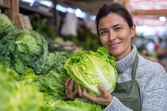 Woman carrying fresh iceberg lettuce at market