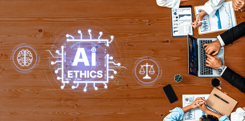 Diverse professionals engage in a collaborative discussion on artificial intelligence ethics, focusing on decision making, responsibility, and innovative guidelines for technology development. Trope