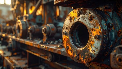 Rusty industrial machinery with bolts and circular components