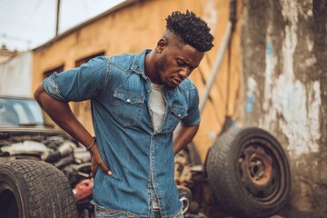 Young Black man grasping his waist after a tense tire change