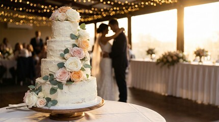 Elegant multi-tier wedding cake with roses and eucalyptus at romantic golden hour reception