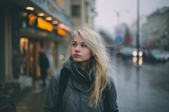 Young blonde girl strolling through the city