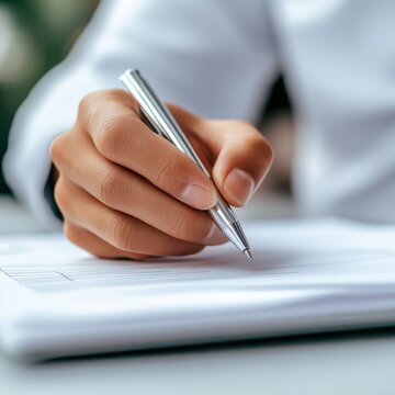 Close-up of a hand holding a silver pen writing on white paper, focusing on the act of signing or writing documents. ,paperwork,writing