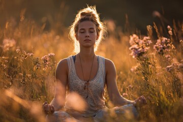 Young woman practicing yoga in a sunny field from a full photo collection