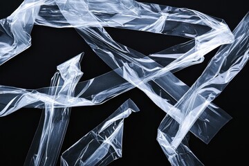 Collection of clear adhesive tape or glue pieces on a black background wrinkled plastic sticky snippets authentic close up image