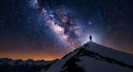 Man on mountain peak under dazzling milky way night sky